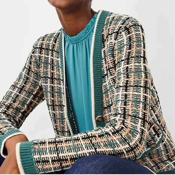 Ann Taylor Women's Career Workwear Chic Tweedy V-Neck Sweater Jacket in Multi S - Picture 5 of 13